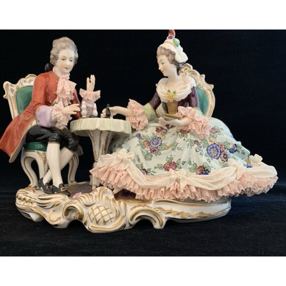 Dresden Volkstedt Porcelain Lace Couple Playing Chess 10" Wide Antique Victorian - Picture 3 of 16
